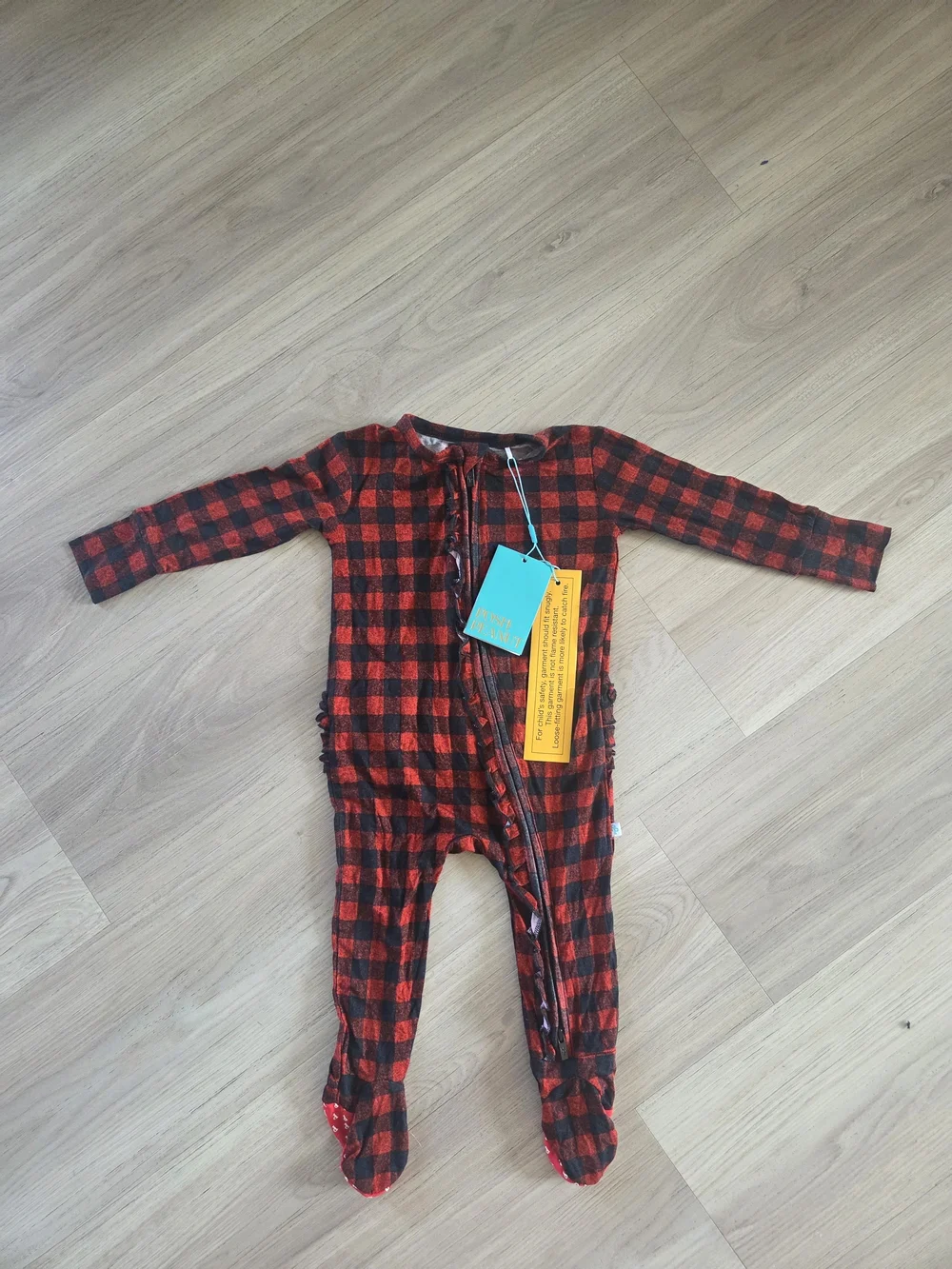 Posh Peanut-Red And Black Plaid Kids One-Piece Footed Pajamas. 9-12 Months, NWT